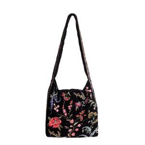 Johnny Was Mayra Velvet Wide Strap Tote Bag Floral Embroidery Black Handbag NEW